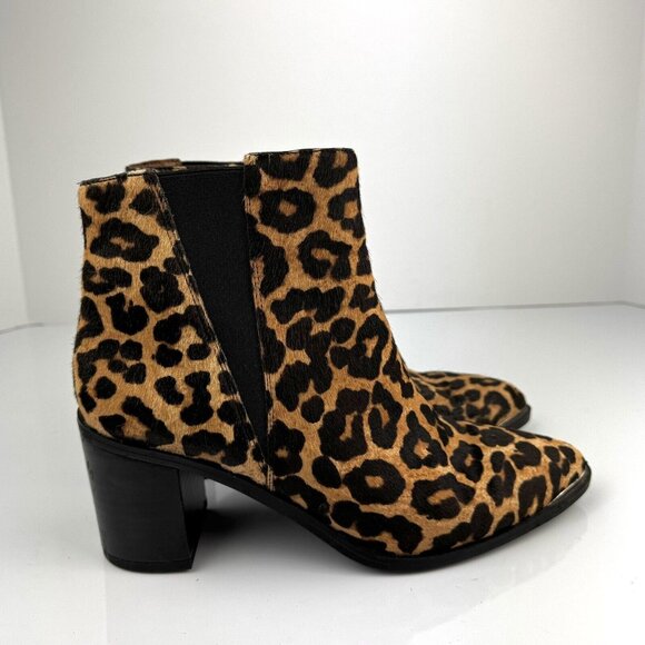 Franco Sarto Womens Bette Ankle Boots 8M Leopard Cheetah Leather Calf Hair Fur - Picture 2 of 13